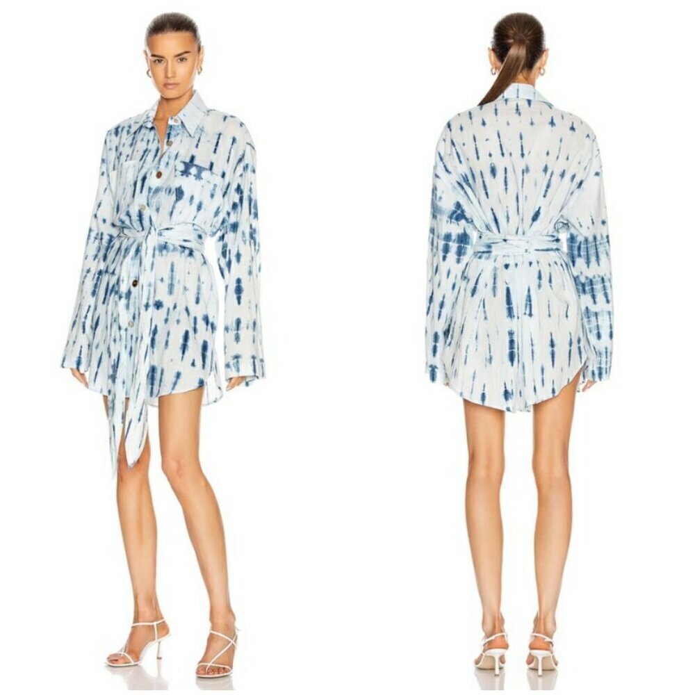 💕NANUSHKA💕 Keiko Cotton Mini Shirt Dress ~ Bio Indigo Tie-Dye XS